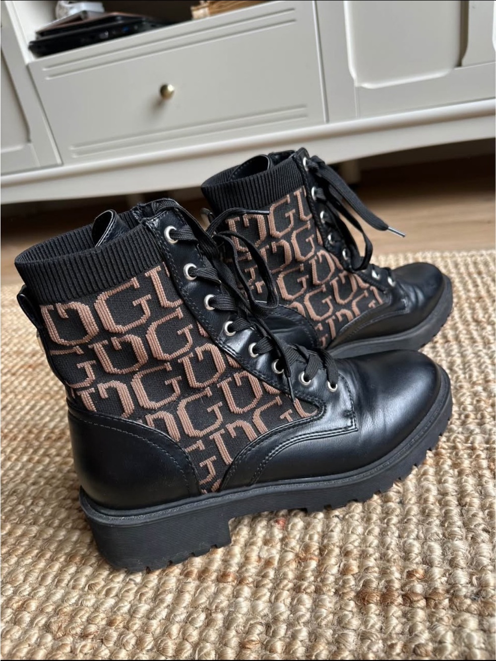 Guess Black Leather & Brown Monogram Lace-Up Combat Boots